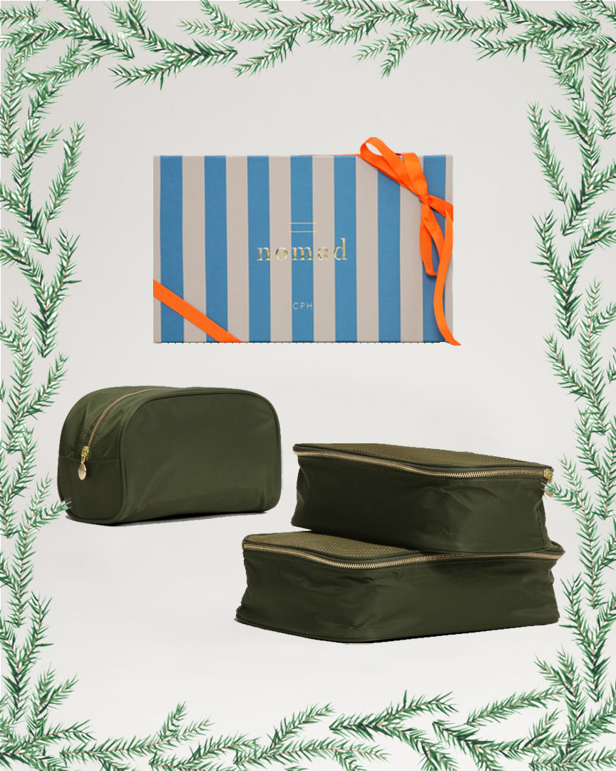Packing cubes green + wash bag green + blue gift box